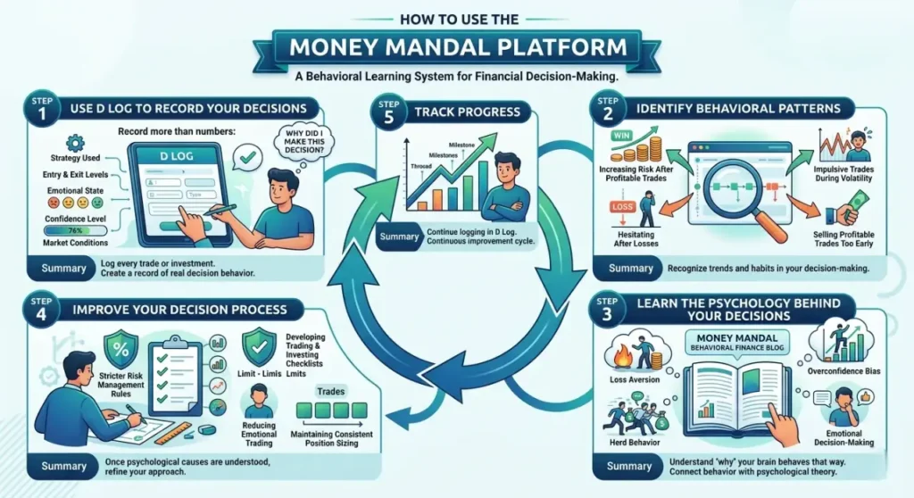 An infographic detailing the 5-step Money Mandal process: Log decisions in D Log, identify patterns, learn behavioral finance psychology, improve decision processes, and track progress in a continuous loop.