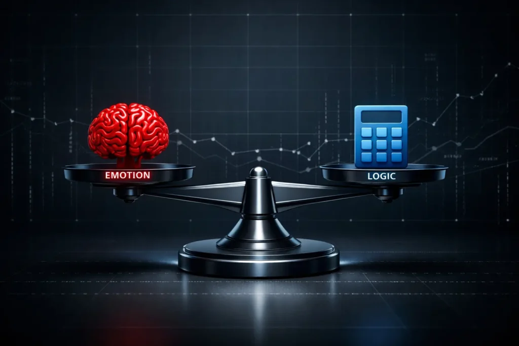 3D visualization of a scale balancing a red brain representing emotion and a blue calculator representing logic