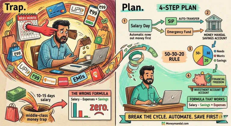 A middle-class Indian man stressed about money, showing a 4-step plan to break the next month savings trap with the 50-30-20 rule.