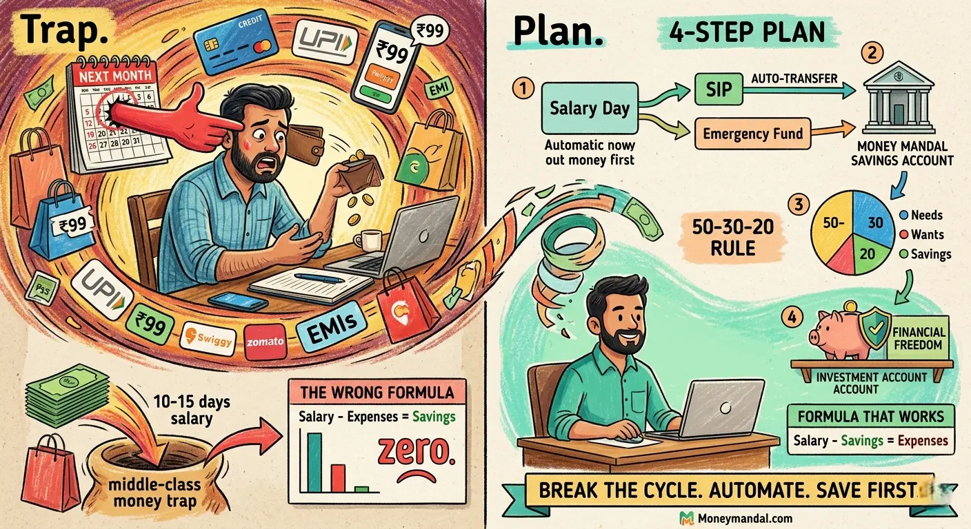 A middle-class Indian man stressed about money, showing a 4-step plan to break the next month savings trap with the 50-30-20 rule.