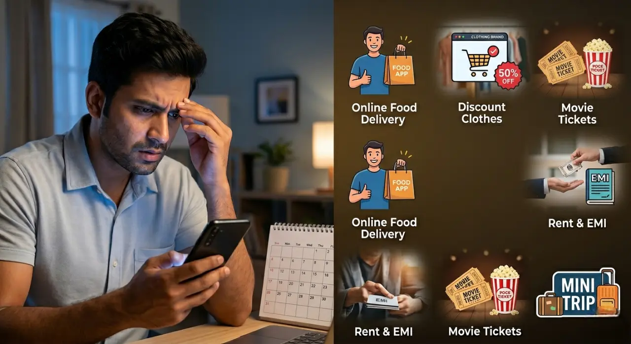 A stressed man checking his phone bank balance next to a collage of lifestyle expenses like food delivery, shopping, and EMIs.